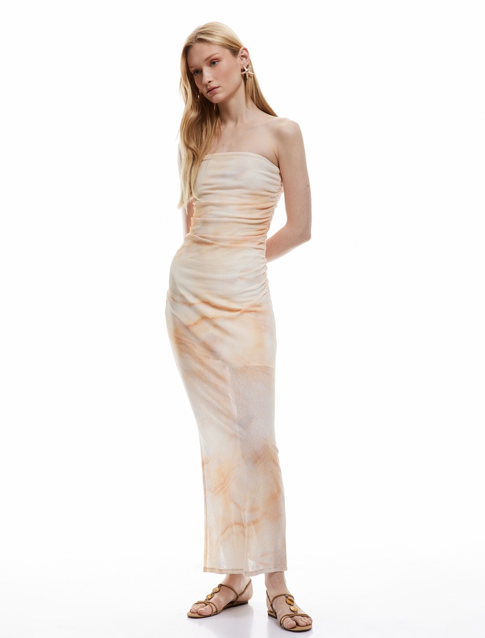  Drape Detaylı Astarlı Soyut Desenli Slim Fit Uzun Straplez Elbise
