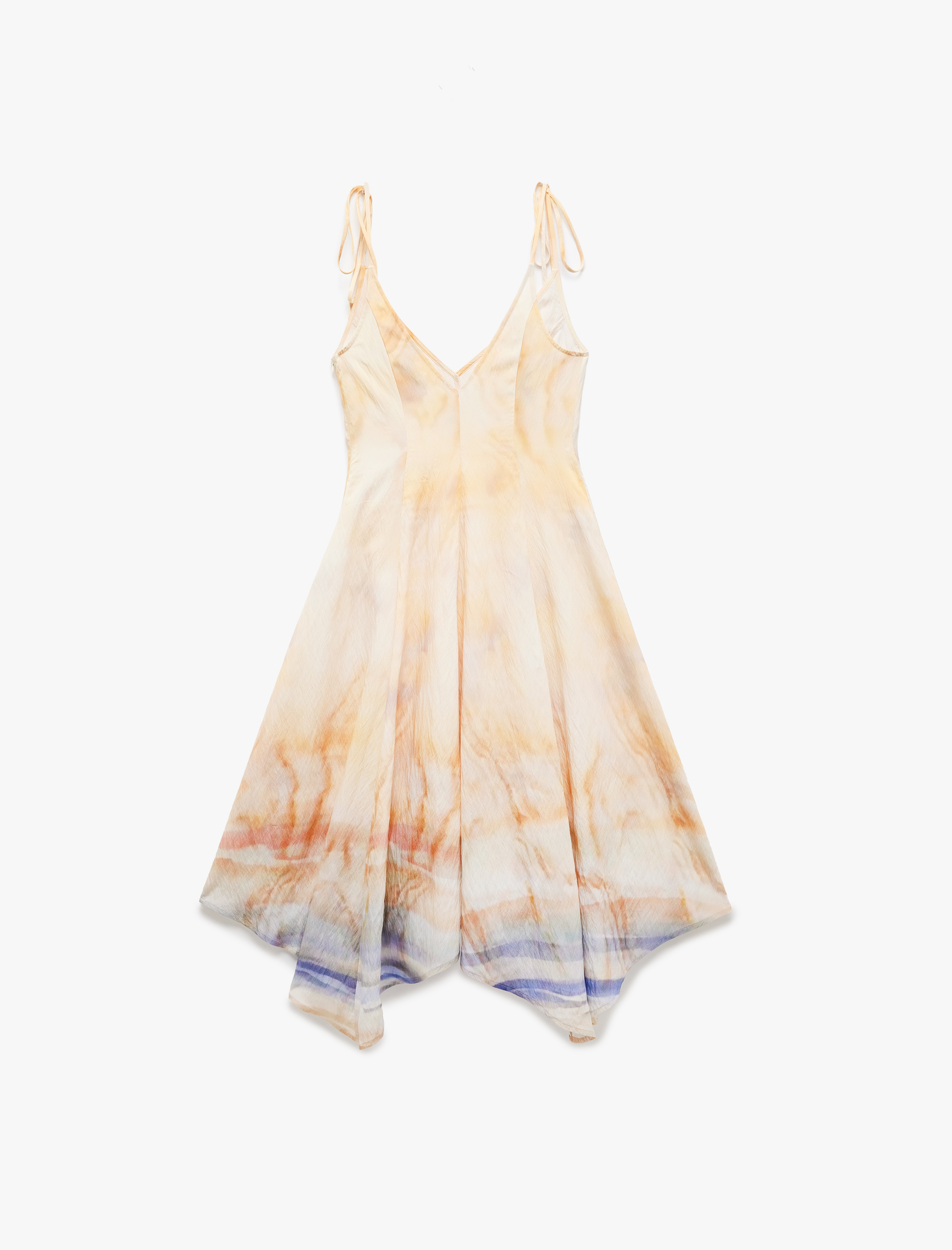   Koton X Şahika Ercümen - Asimetrik Kesim Soyut Desenli V Yaka İnce Askılı Midi Elbise