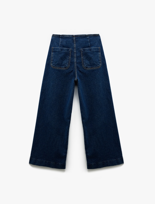 Yüksek Bel Rahat Kalıp Cepli Kısa Denim Pantolon  -  Culotte Jeans_4