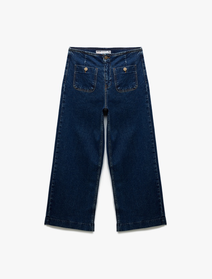  Yüksek Bel Rahat Kalıp Cepli Kısa Denim Pantolon  -  Culotte Jeans
