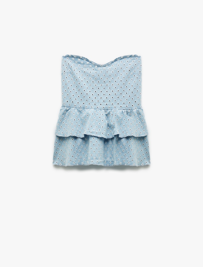  Pamuklu Kalp Yaka Volan Detaylı Kolsuz Denim Atlet
