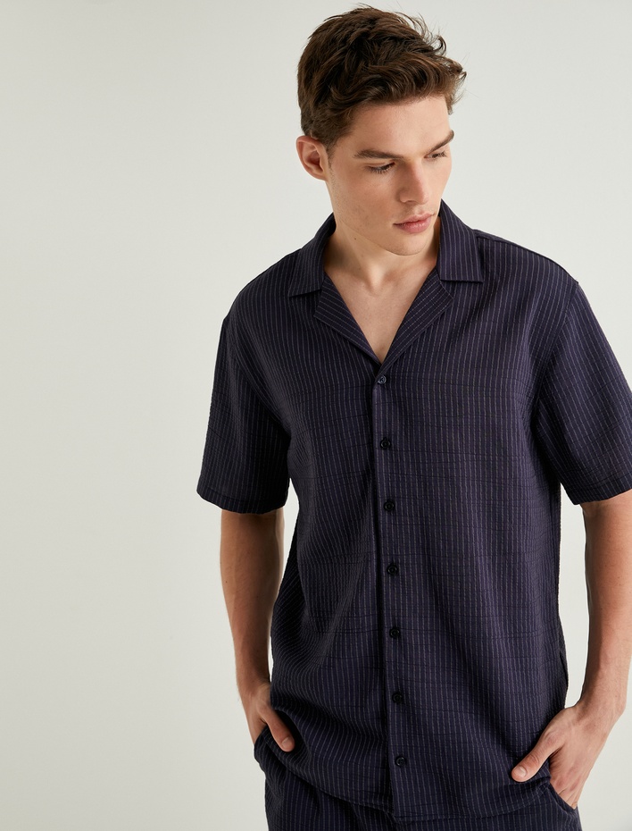  Kısa Kollu Gömlek Devrik Yaka Düğmeli Slim Fit