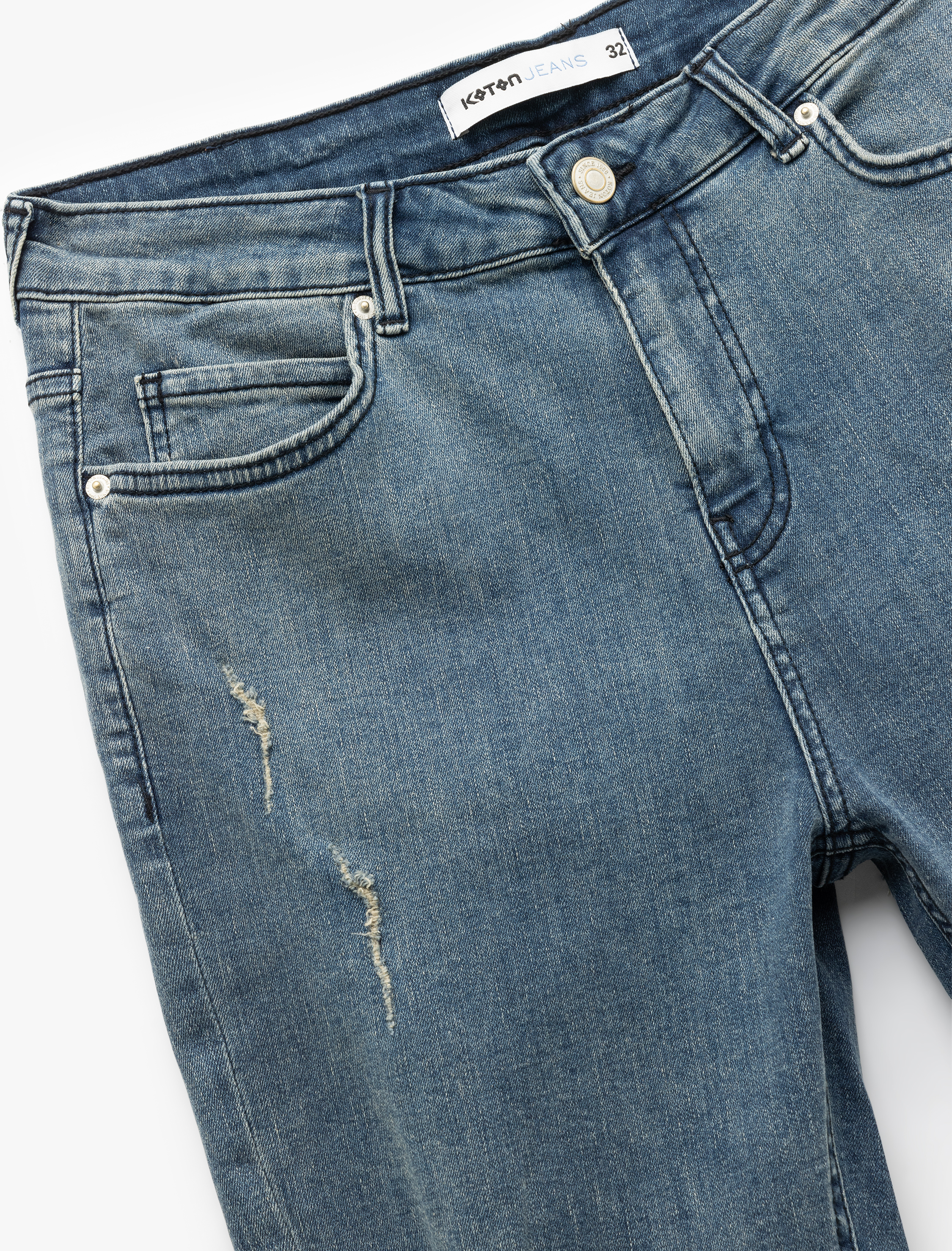   Slim Fit Kot Şort Yırtık Bermuda Cep Detaylı Katlı Paça Pamuklu