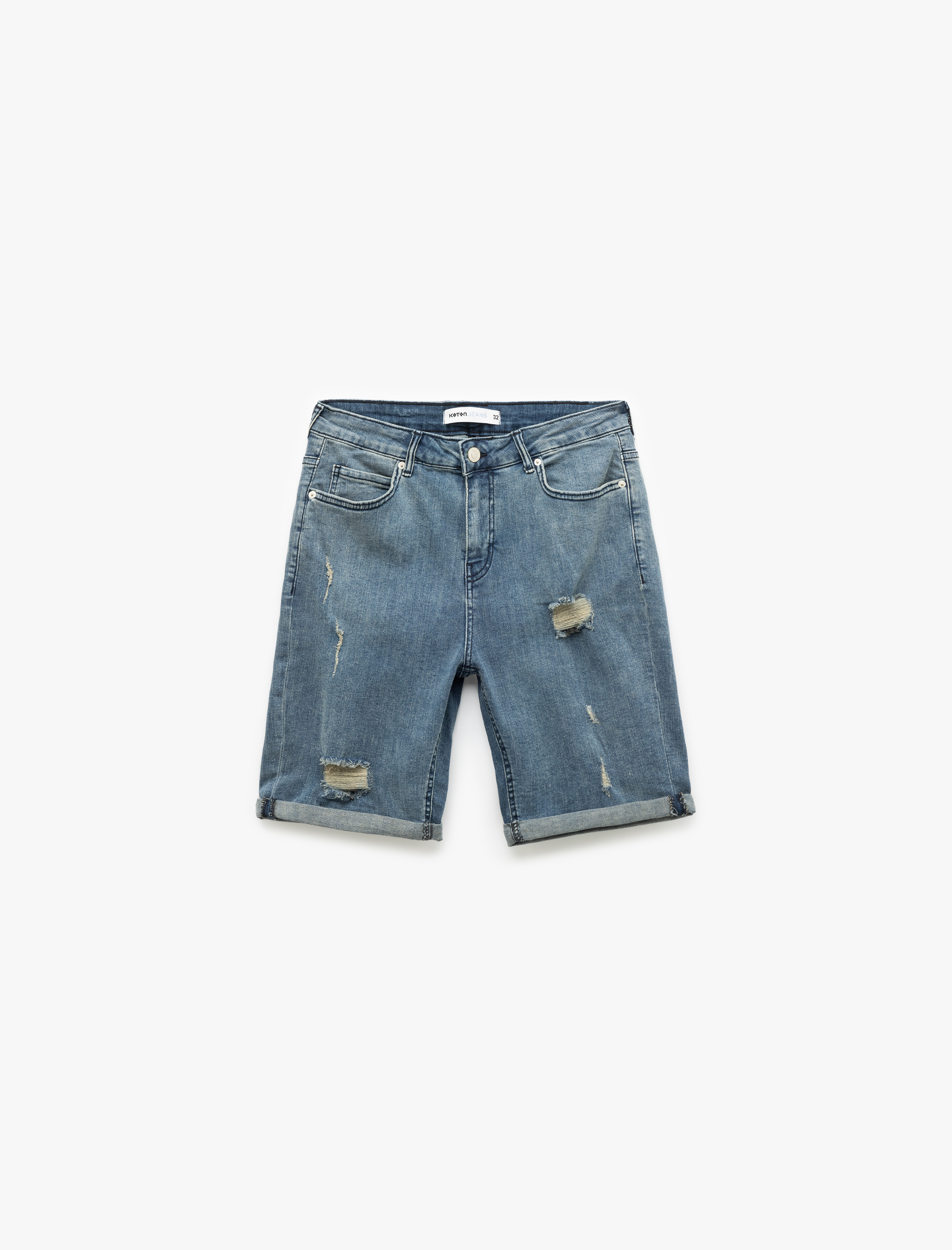   Slim Fit Kot Şort Yırtık Bermuda Cep Detaylı Katlı Paça Pamuklu