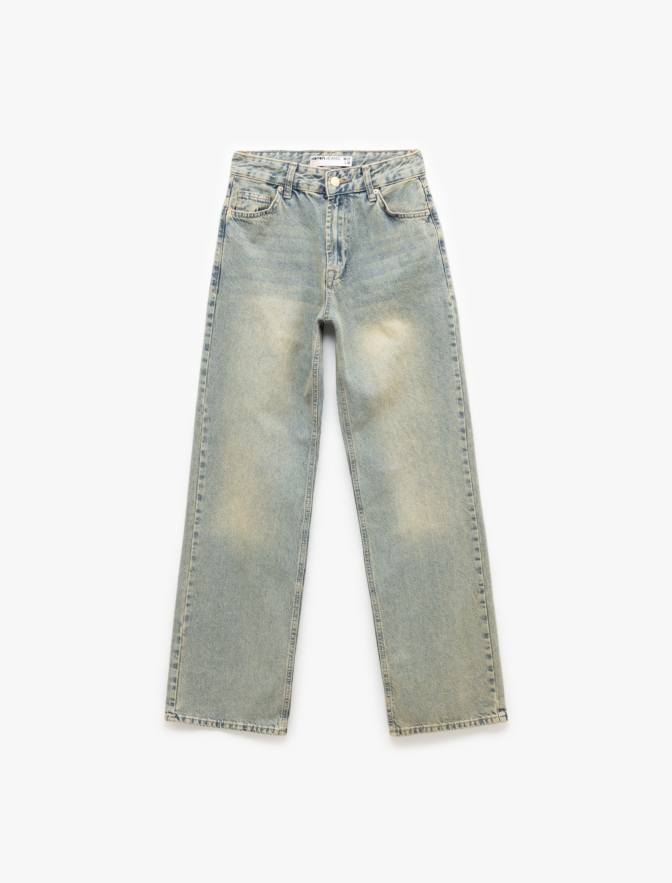   Düz Paça Normal Bel Düz Kesim Düğmeli Pamuklu Kot Pantolon - Straight Fit Jean