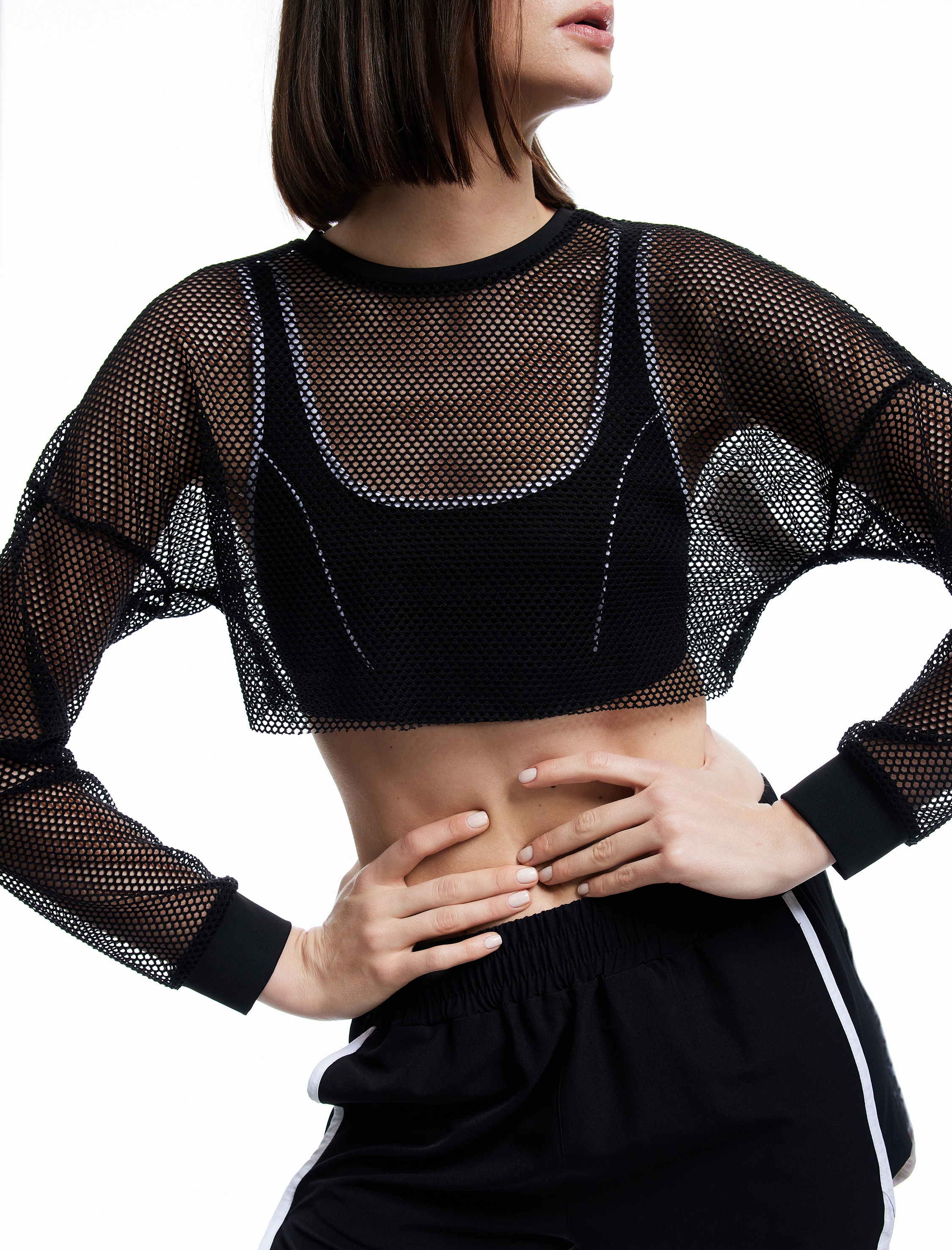 Bisiklet Yaka Uzun Kollu File Crop Spor Tişört