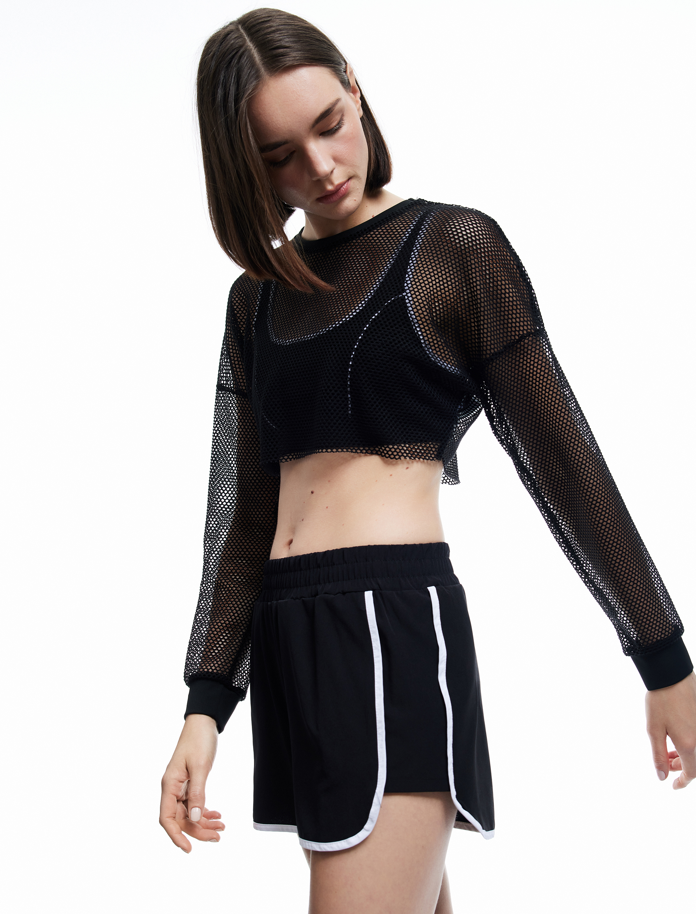 Bisiklet Yaka Uzun Kollu File Crop Spor Tişört