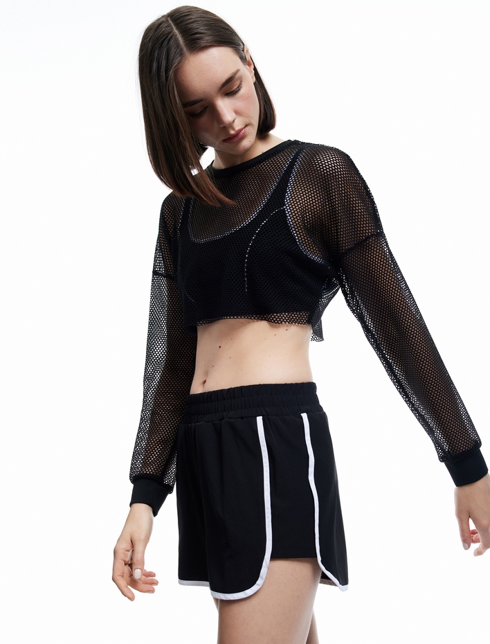  Bisiklet Yaka Uzun Kollu File Crop Spor Tişört