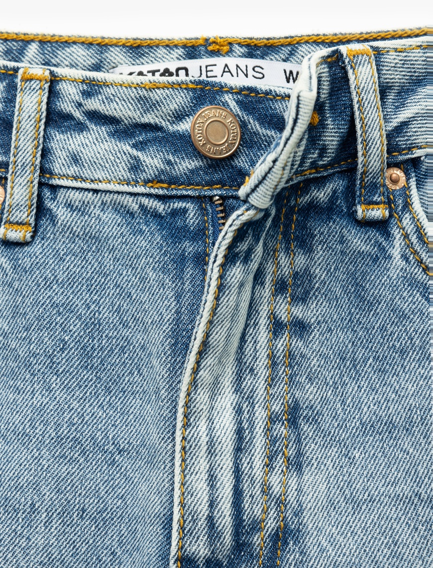   Pamuklu Düğmeli Cepli Normal Bel Crop Geniş Paça Jean Pantolon - Wide Leg Jean