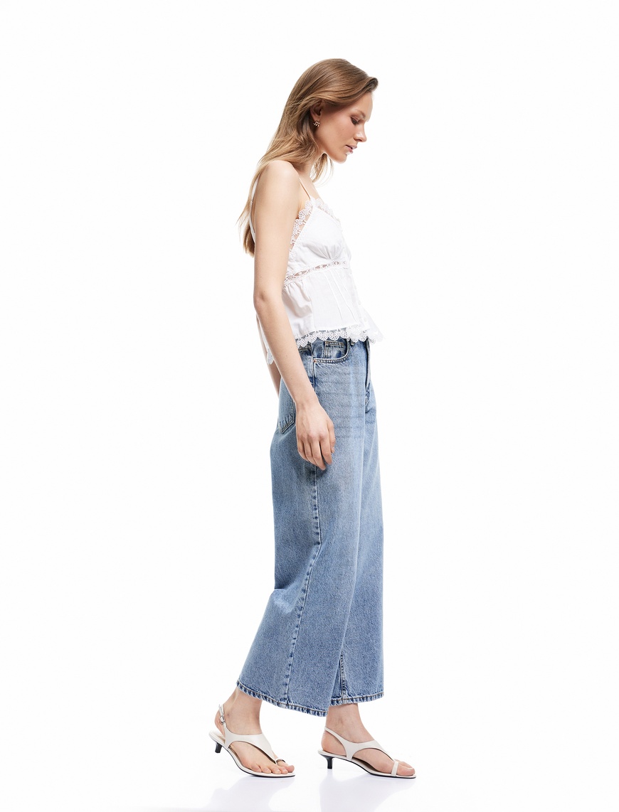   Pamuklu Düğmeli Cepli Normal Bel Crop Geniş Paça Jean Pantolon - Wide Leg Jean