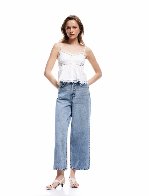 Pamuklu Düğmeli Cepli Normal Bel Crop Geniş Paça Jean Pantolon - Wide Leg Jean_1