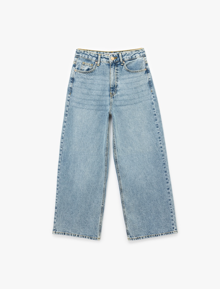   Pamuklu Düğmeli Cepli Normal Bel Crop Geniş Paça Jean Pantolon - Wide Leg Jean