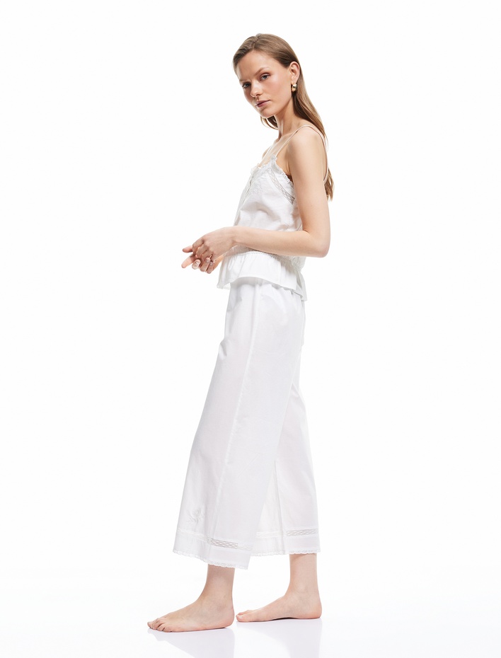  Pamuklu Beli Bağlamalı Lastikli Bol Paça Pijama Altı