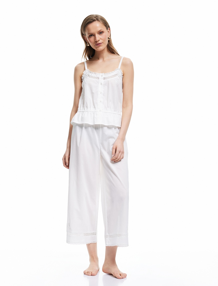   Pamuklu Beli Bağlamalı Lastikli Bol Paça Pijama Altı