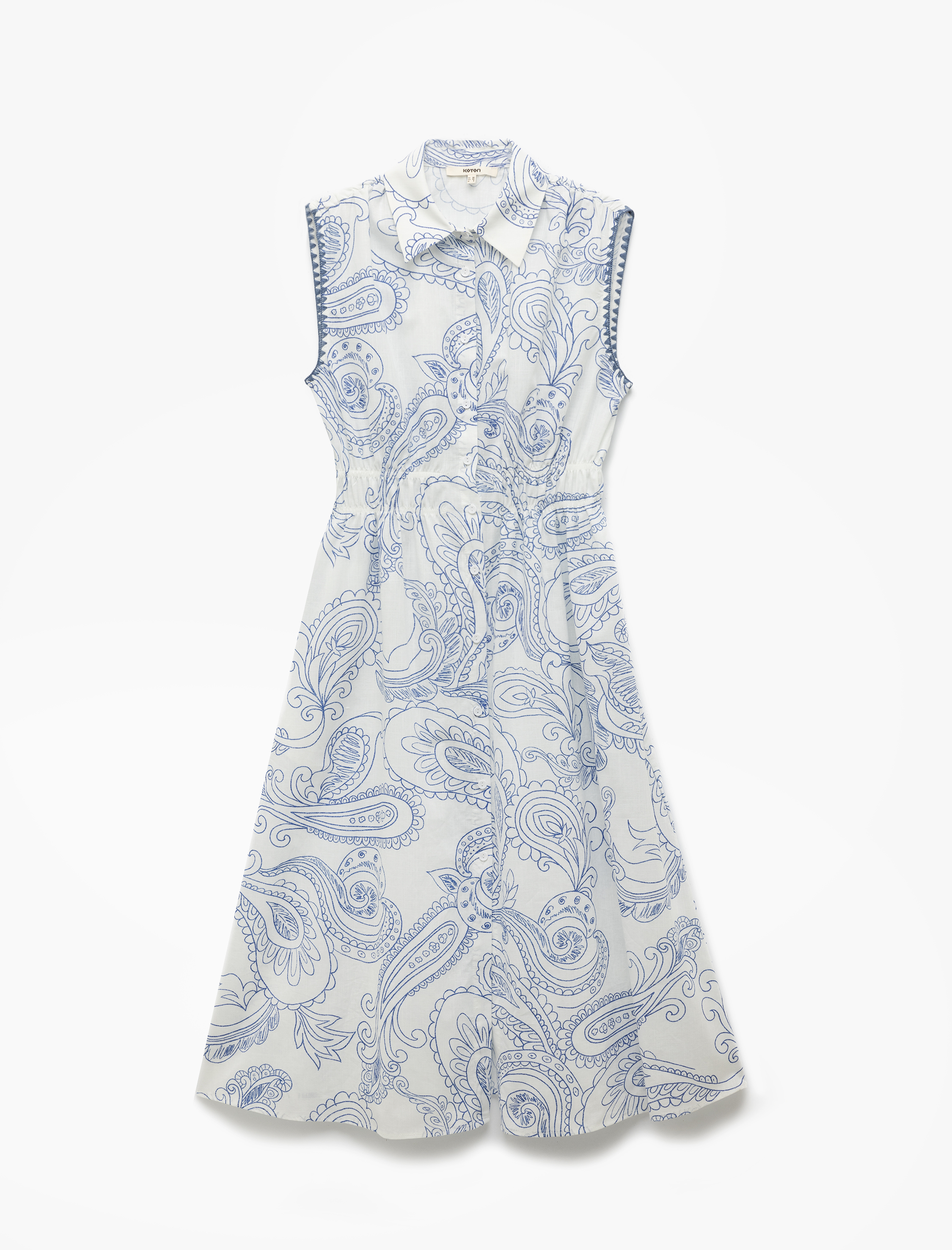   Pamuklu Etnik Desenli Düğmeli Nakış Detaylı Kolsuz Midi Boy Gömlek Elbise