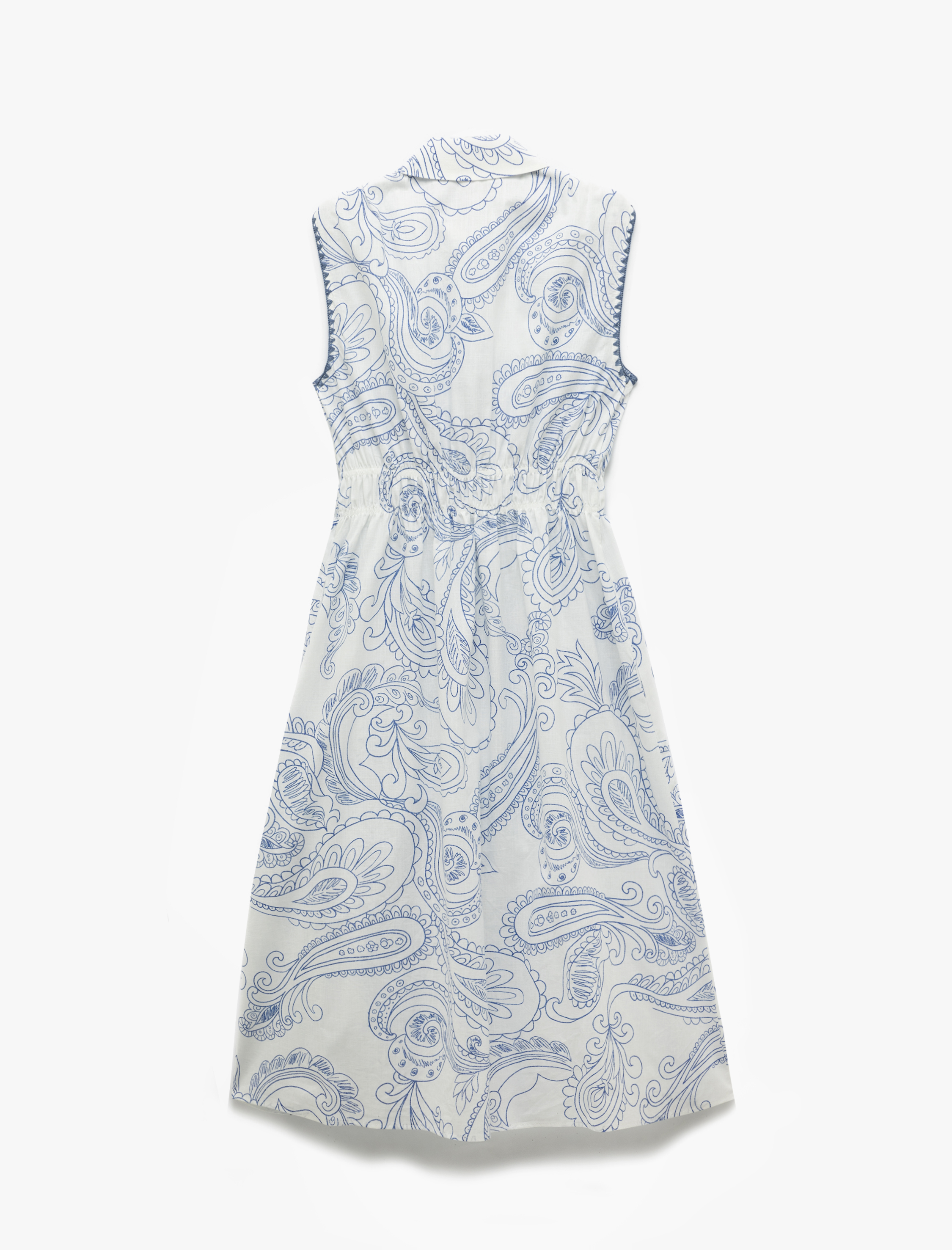   Pamuklu Etnik Desenli Düğmeli Nakış Detaylı Kolsuz Midi Boy Gömlek Elbise