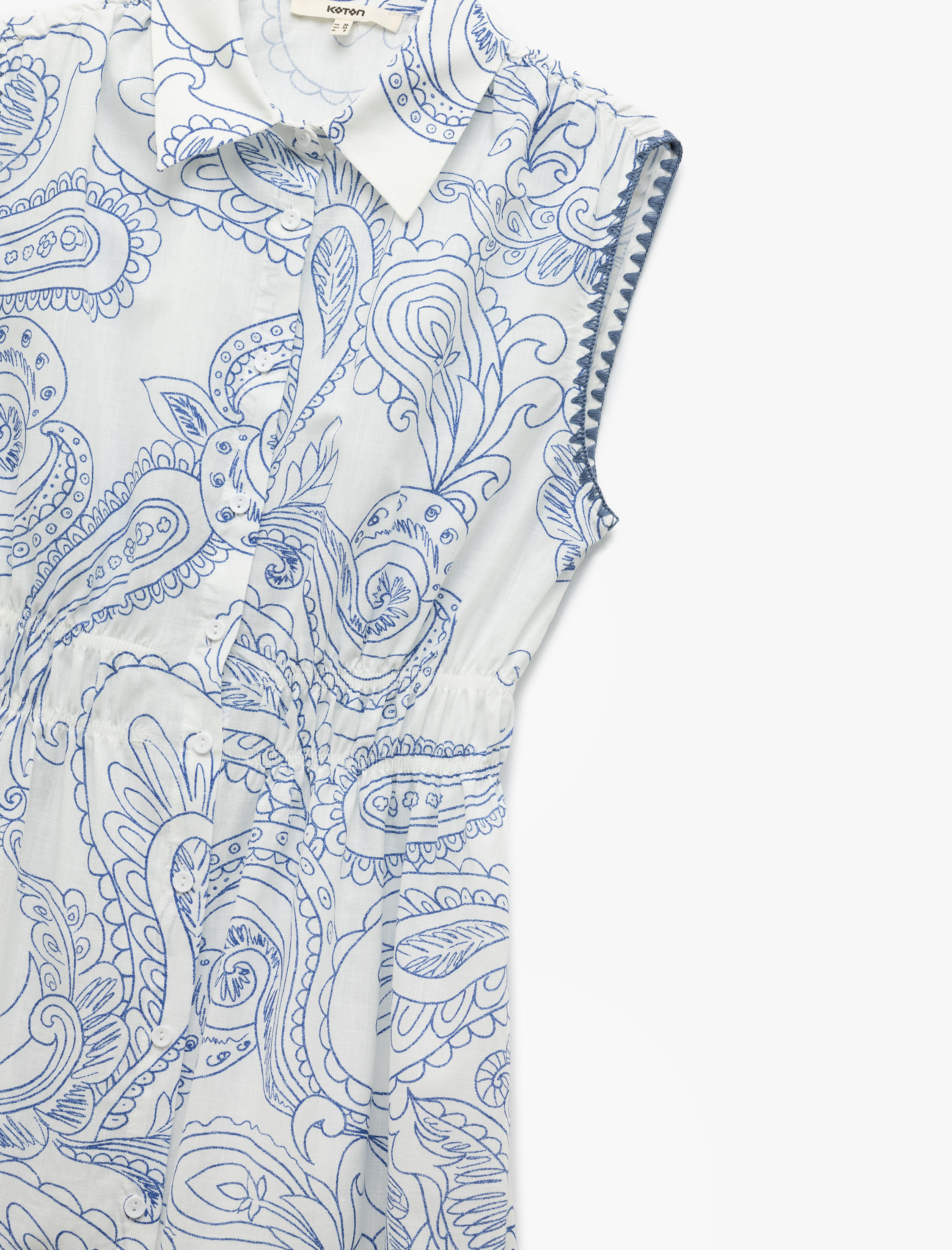   Pamuklu Etnik Desenli Düğmeli Nakış Detaylı Kolsuz Midi Boy Gömlek Elbise