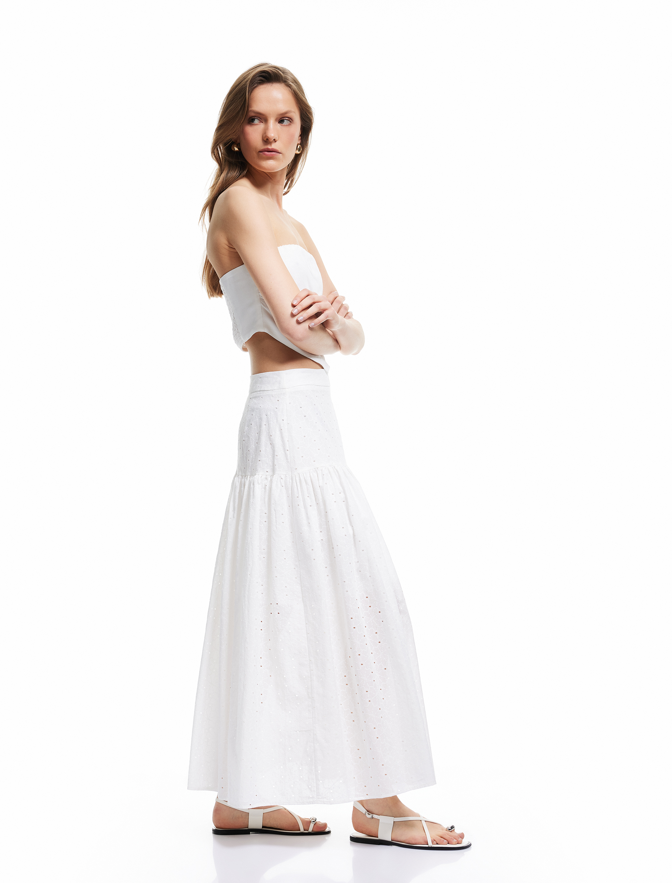   Pamuklu Yarım Astarlı Volanlı Kloş Fisto Midi Etek