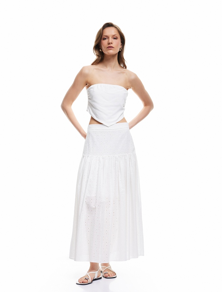  Pamuklu Yarım Astarlı Volanlı Kloş Fisto Midi Etek