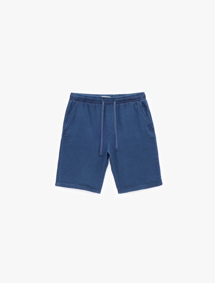  Beli Bağcıklı Pamuklu Cep Detaylı Bermuda Oversize Jean Şort