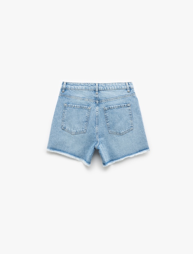 Taş Detaylı Yüksek Bel Saçaklı Paça Pamuklu Mini Denim Şort_4