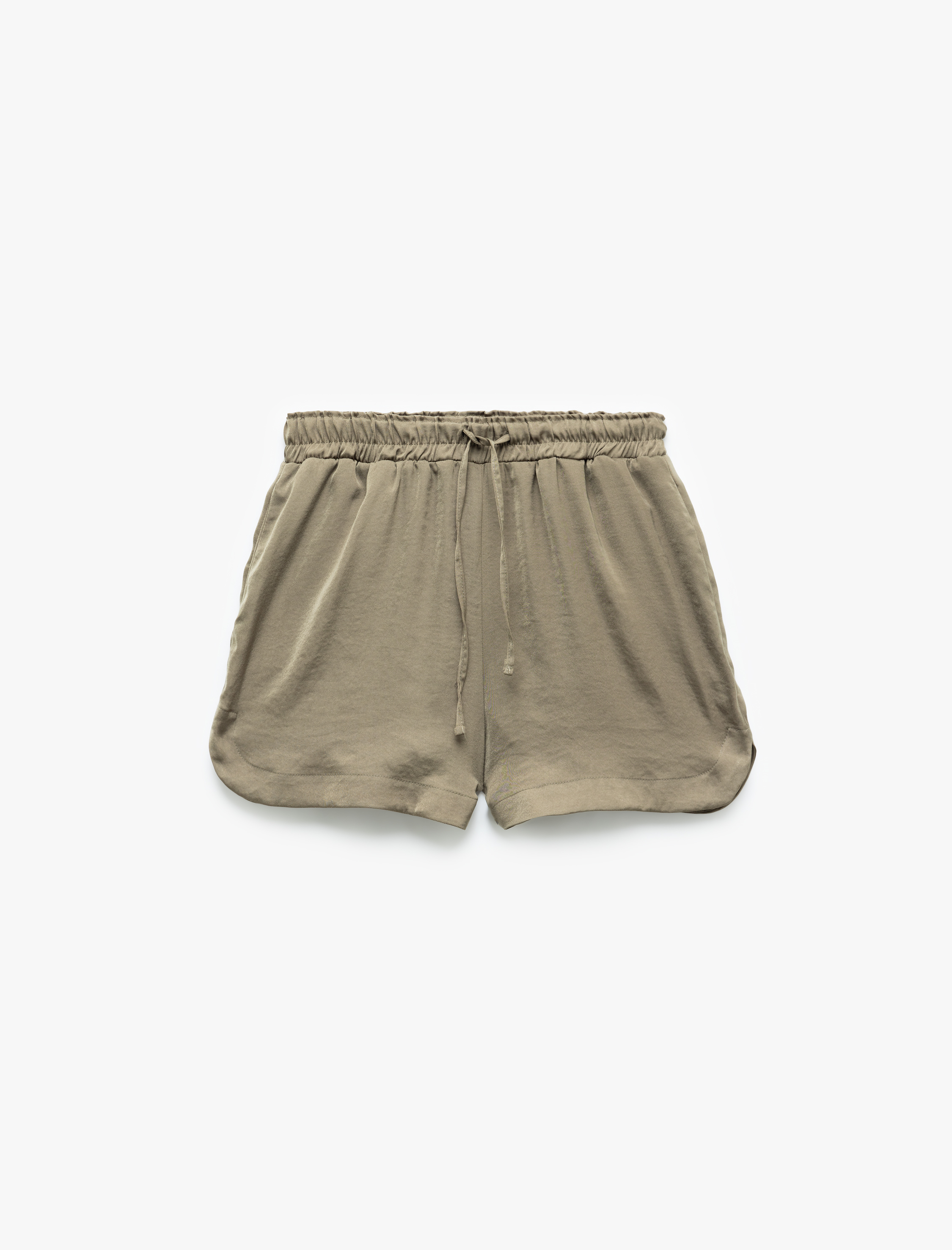   Beli Lastikli Bağlamalı Loose Fit Cepli Aerobin Saten Mini Şort