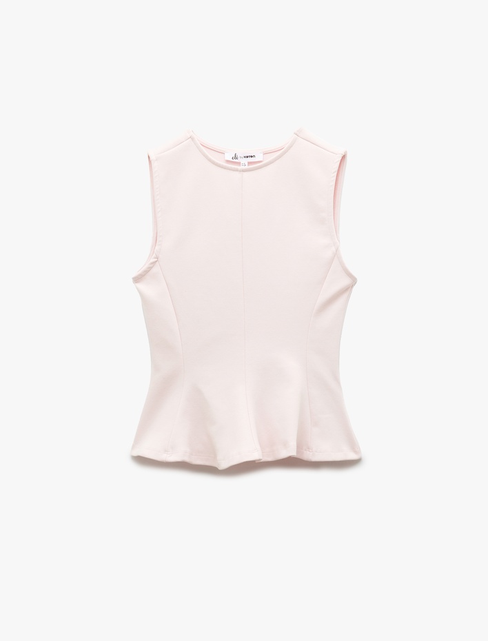  Pamuklu Slim Fit Bisiklet Yaka Volanlı Kolsuz Bluz
