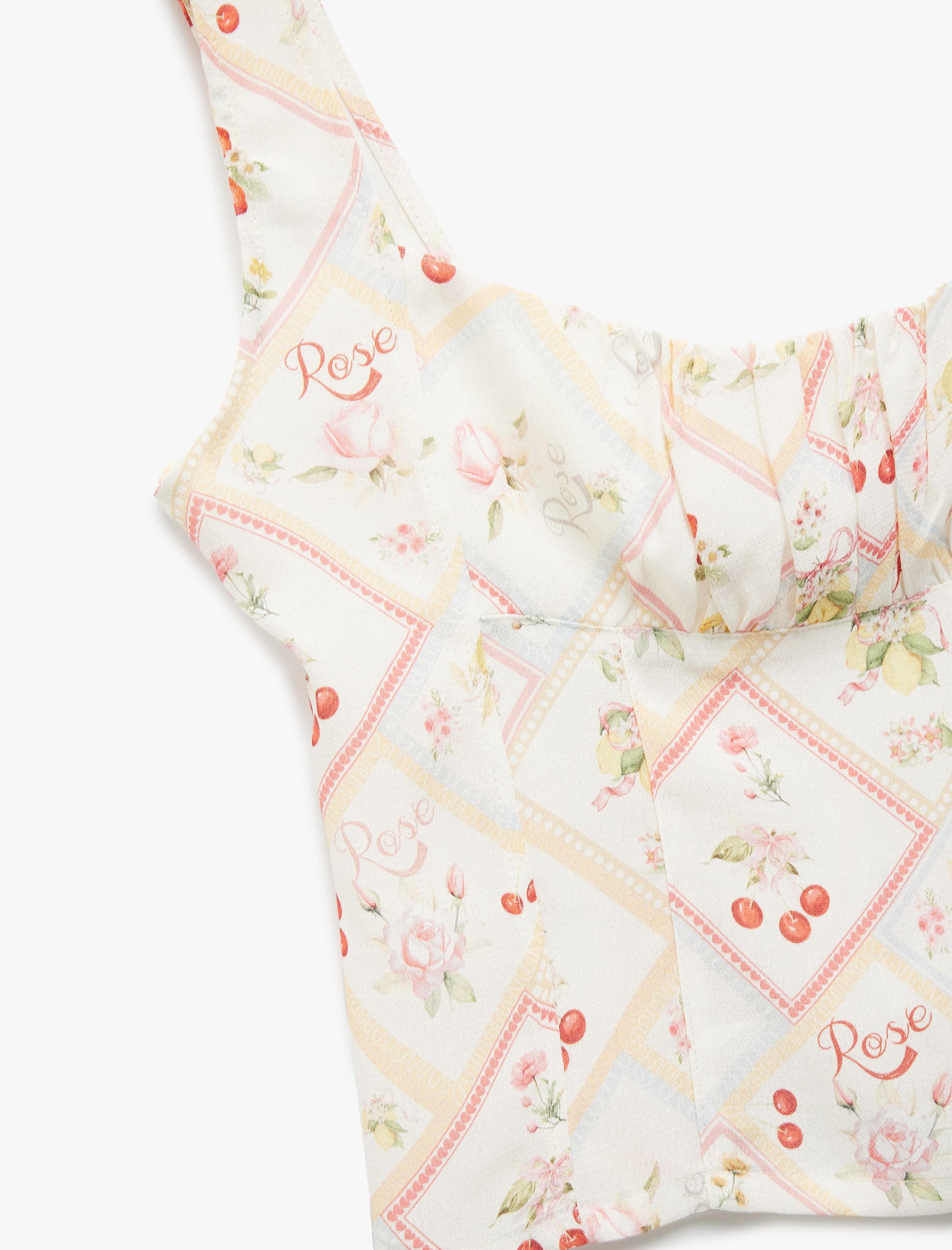   Koton X Sibil Çetinkaya - Viskon Meyve Baskılı Floral Kare Yaka Crop Bluz