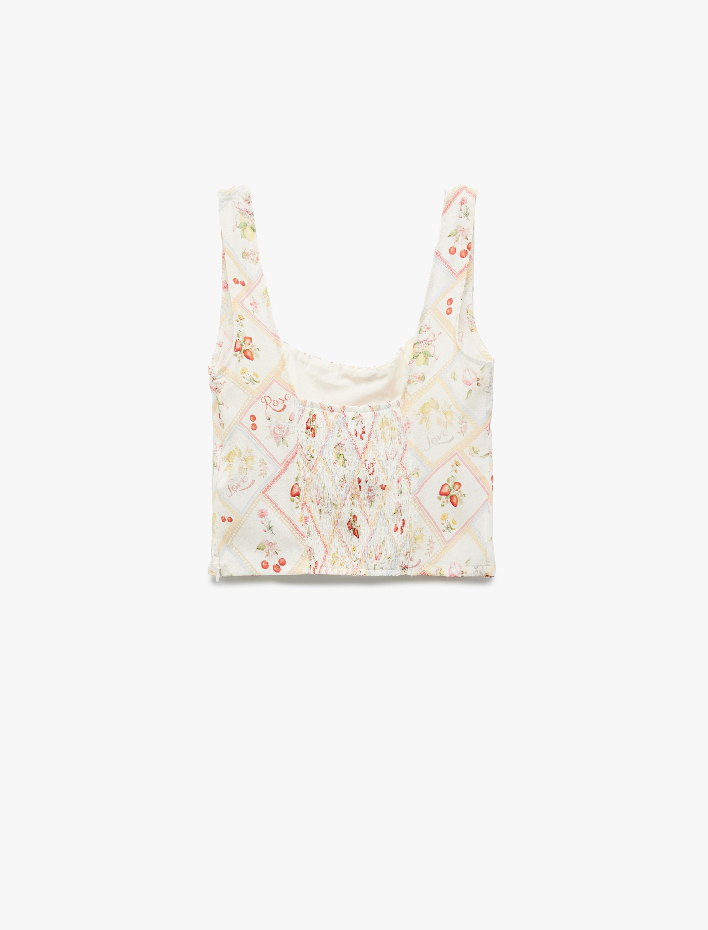   Koton X Sibil Çetinkaya - Viskon Meyve Baskılı Floral Kare Yaka Crop Bluz