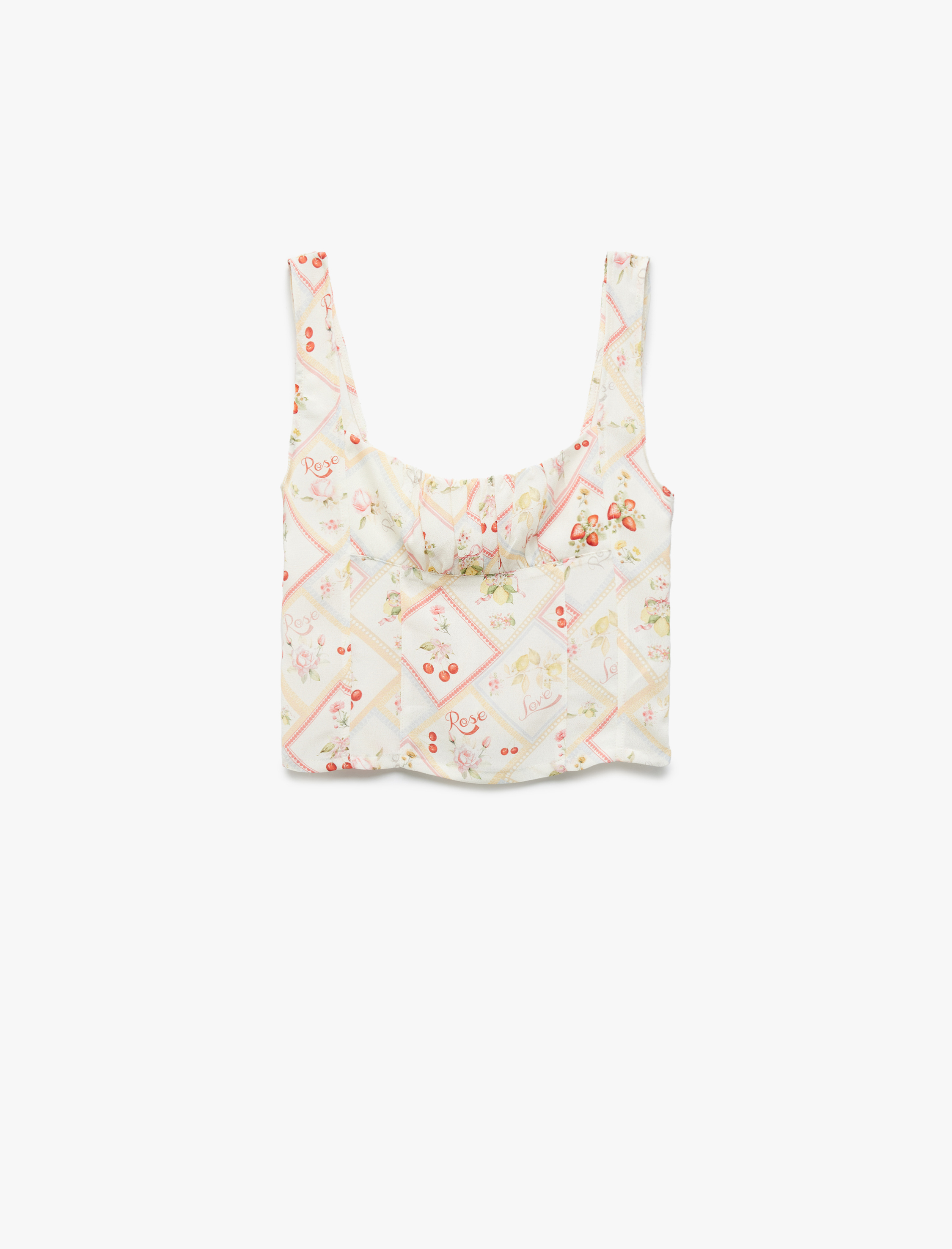   Koton X Sibil Çetinkaya - Viskon Meyve Baskılı Floral Kare Yaka Crop Bluz