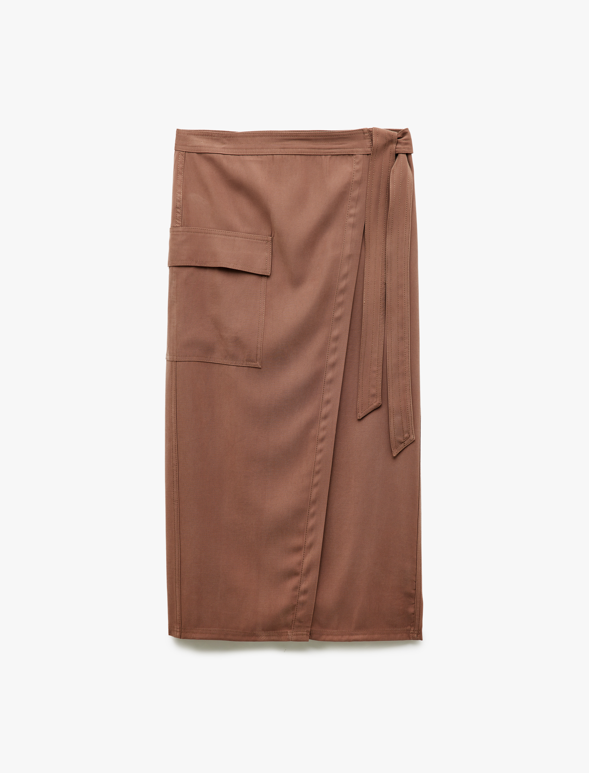   Cupro Kumaş Asimetrik Kesim Kemerli Kargo Cepli Uzun Kruvaze Etek