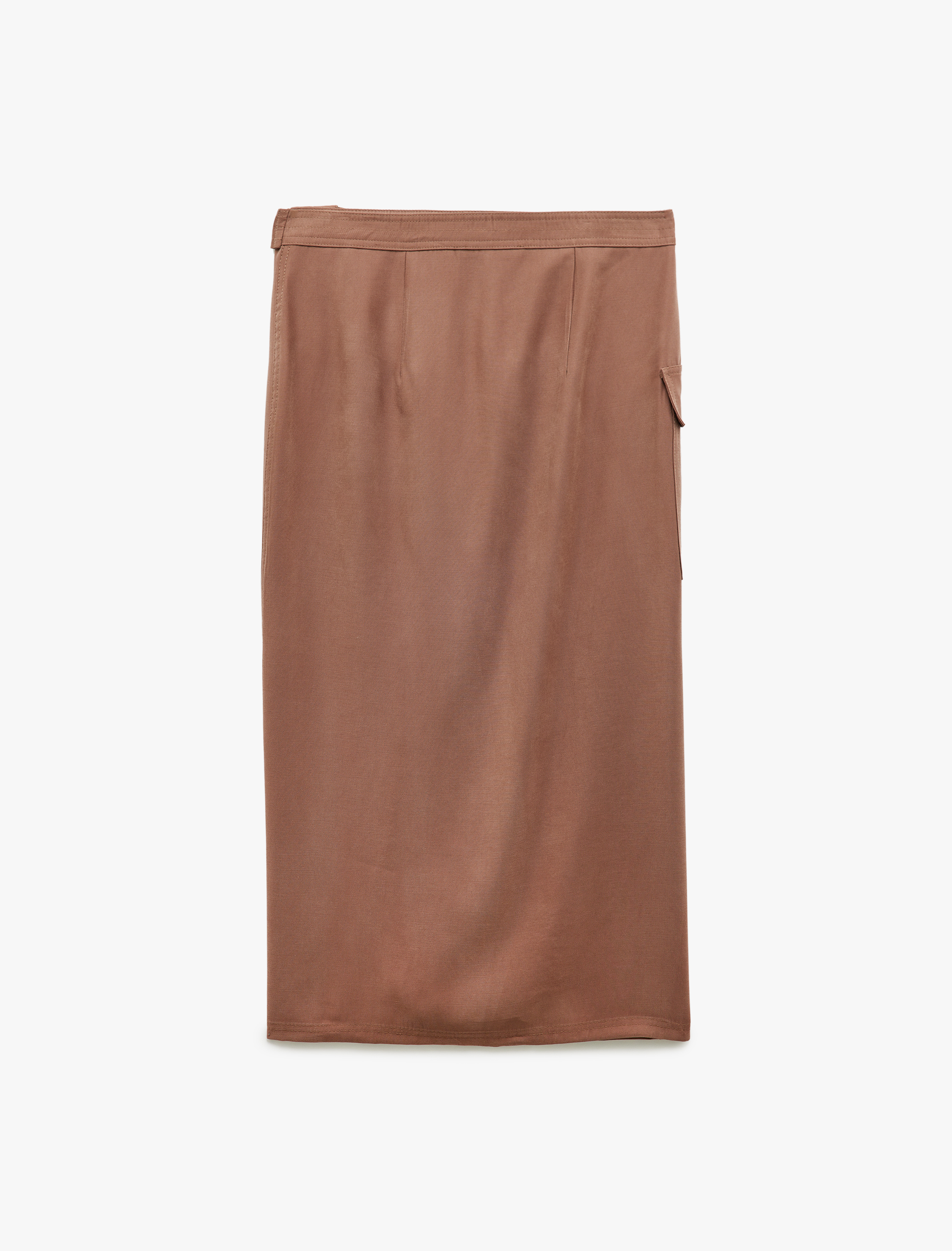   Cupro Kumaş Asimetrik Kesim Kemerli Kargo Cepli Uzun Kruvaze Etek