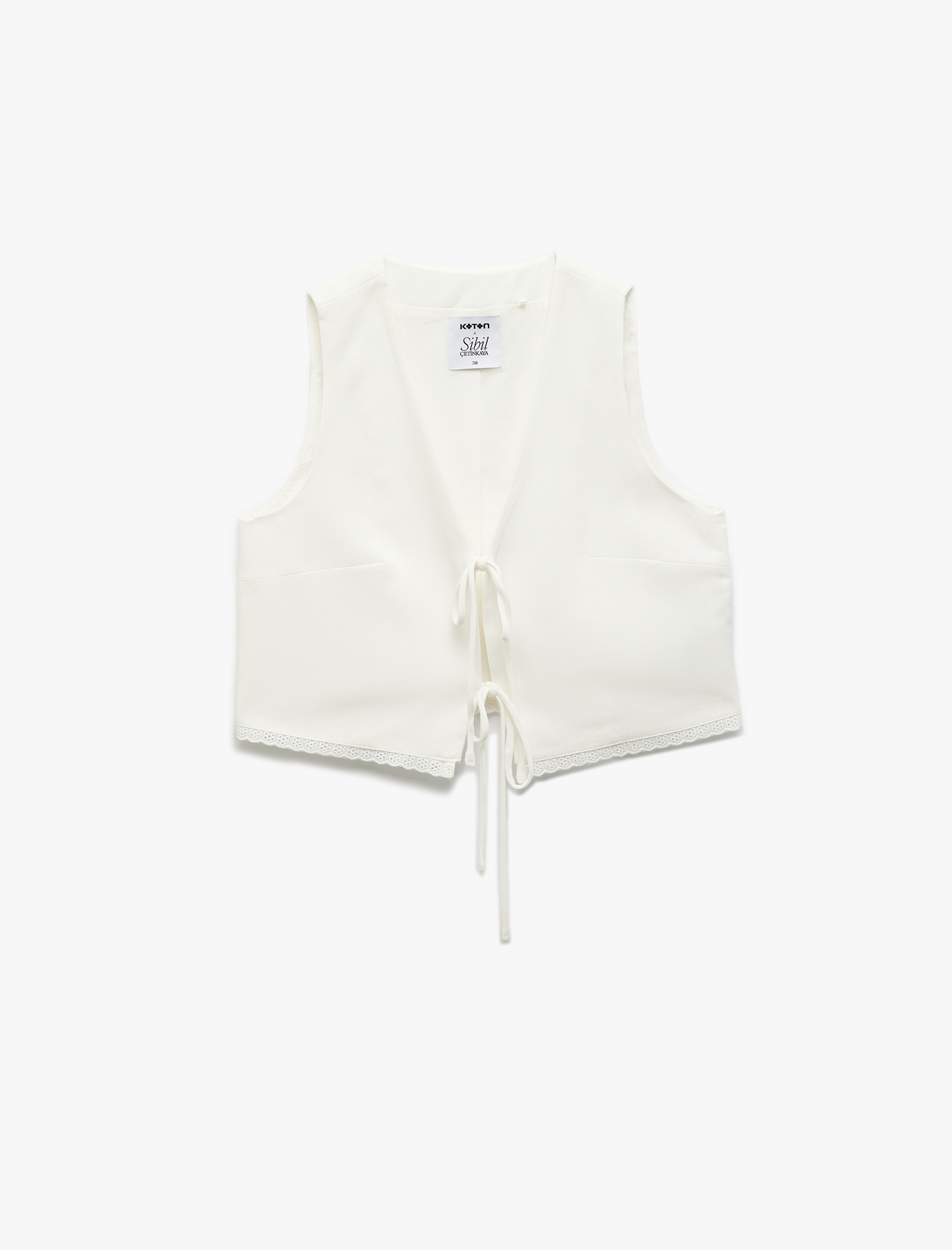   Koton X Sibil Çetinkaya - Keten Karışımlı Fiyonklu V Yaka Önden Bağlama Detaylı Yelek