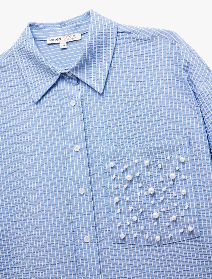  Uzun Kollu Dokulu İnci İşleme Detaylı Cepli Oversize Gömlek