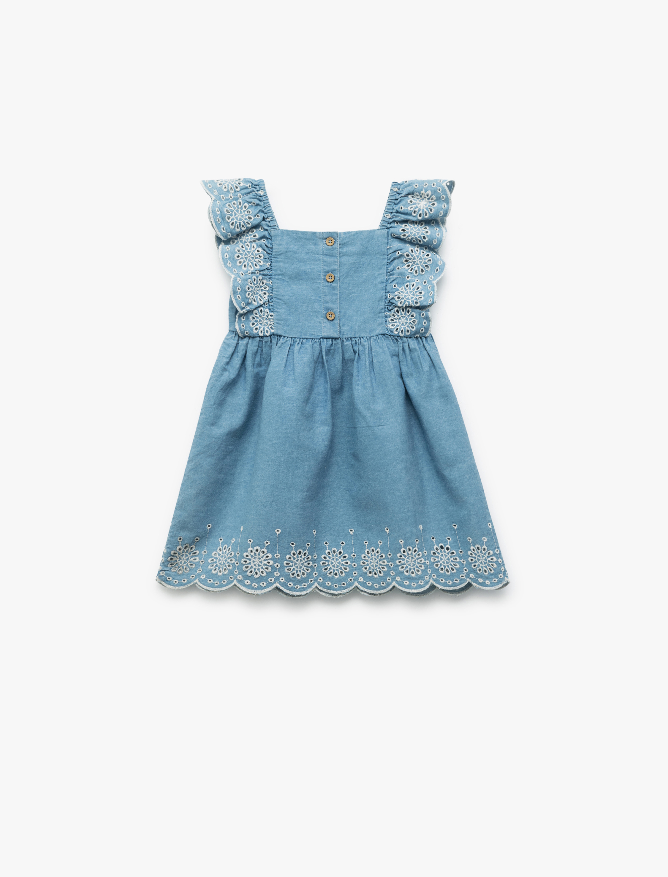 Kız Bebek Fırfır detaylı Kare Yaka A Kesim Brodeli Elbise