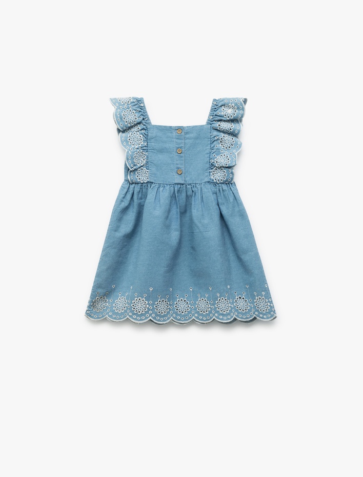 Kız Bebek Fırfır detaylı Kare Yaka A Kesim Brodeli Elbise