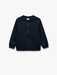 Uzun Kollu Bisiklet Yaka Cepli Basic Fermuarlı Okul Sweatshirt
