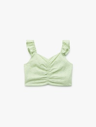 Pamuklu V Yaka Büzgü Detaylı Brodeli Fırfırlı Kolsuz Crop Bluz