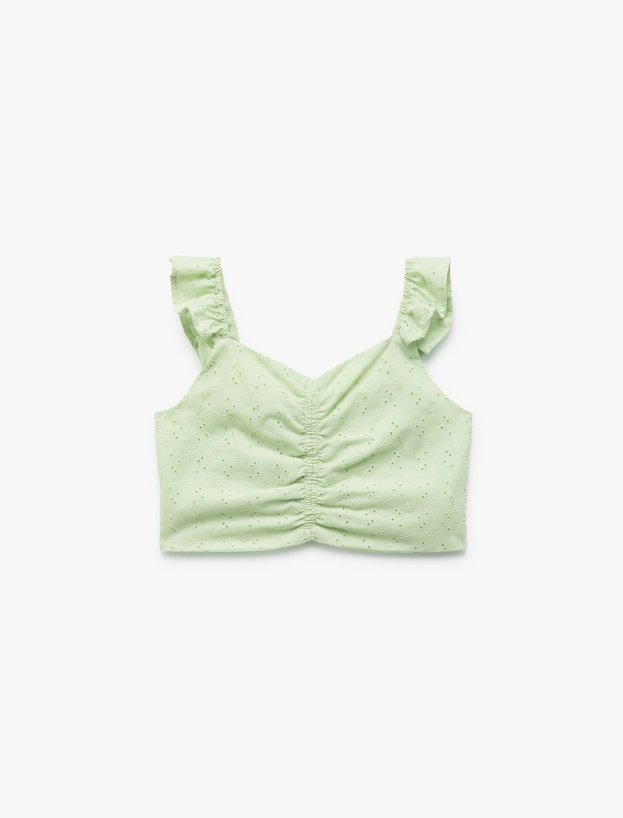 Pamuklu V Yaka Büzgü Detaylı Brodeli Fırfırlı Kolsuz Crop Bluz_0