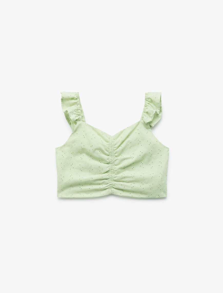  Kız Çocuk Pamuklu V Yaka Büzgü Detaylı Brodeli Fırfırlı Kolsuz Crop Bluz