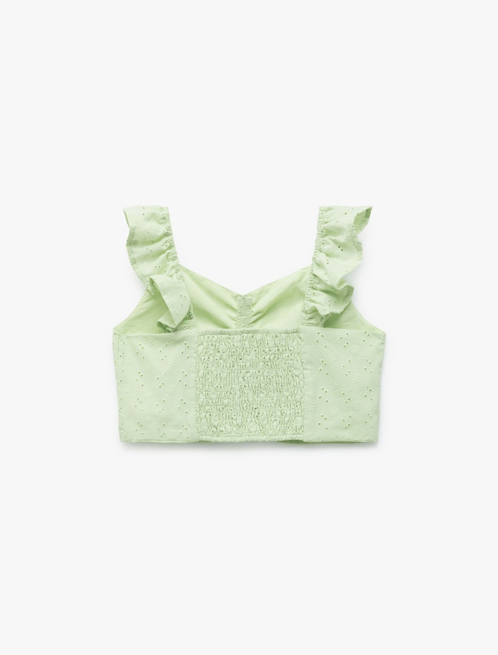 Kız Çocuk Pamuklu V Yaka Büzgü Detaylı Brodeli Fırfırlı Kolsuz Crop Bluz