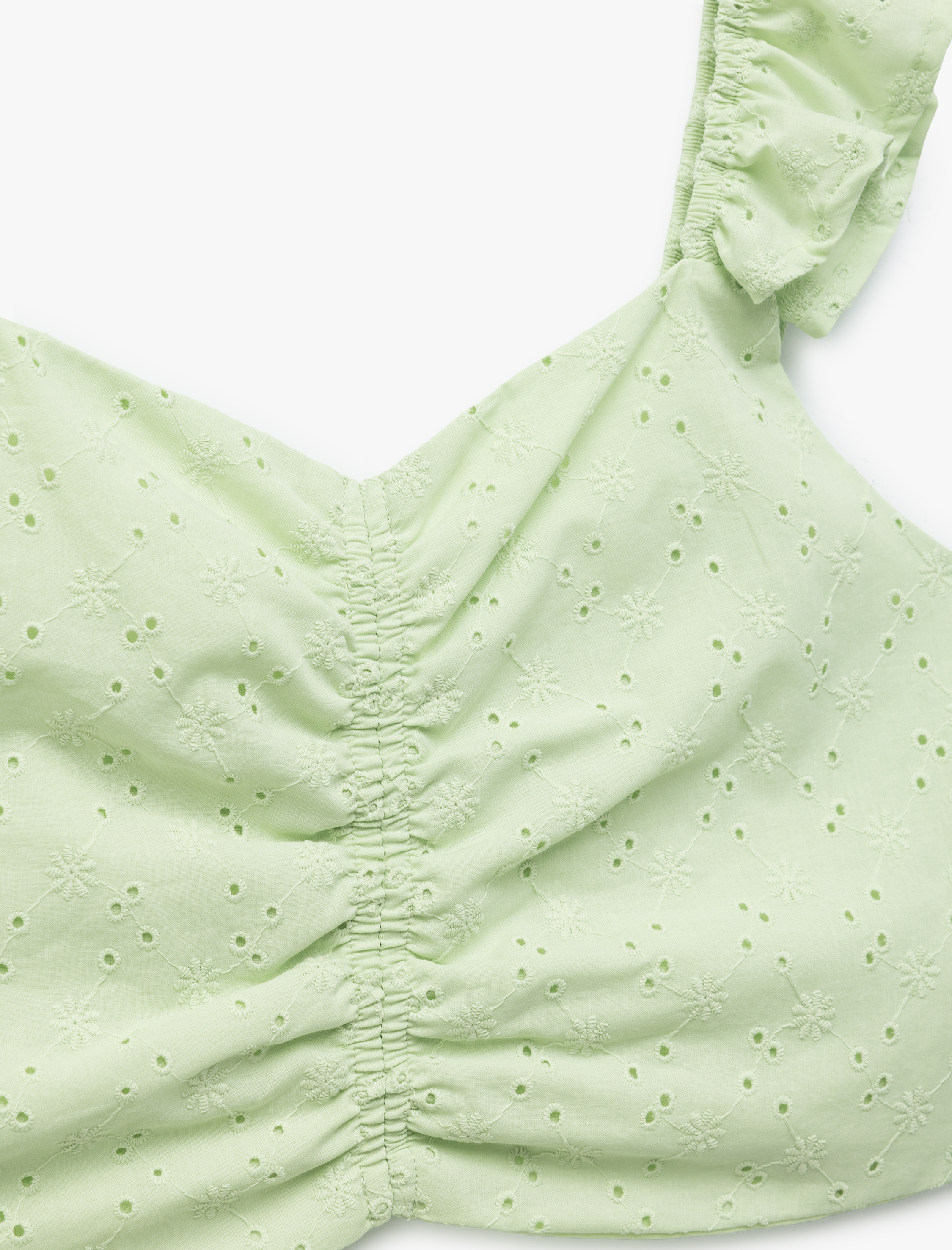  Kız Çocuk Pamuklu V Yaka Büzgü Detaylı Brodeli Fırfırlı Kolsuz Crop Bluz