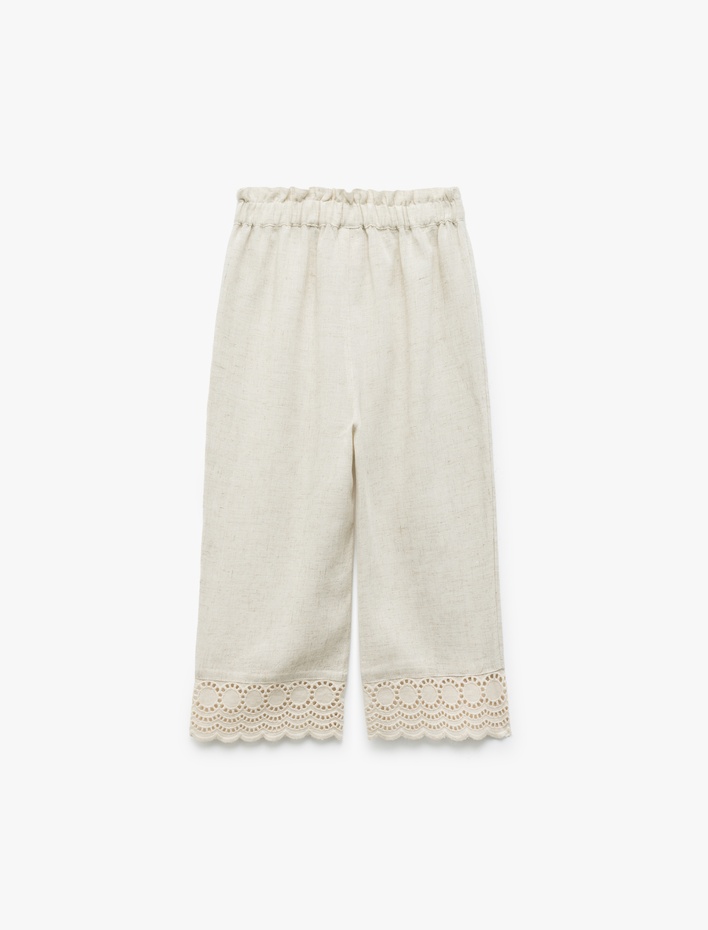 Kız Bebek Viskon ve Keten Karışımlı Beli Lastikli Brodeli Pantolon