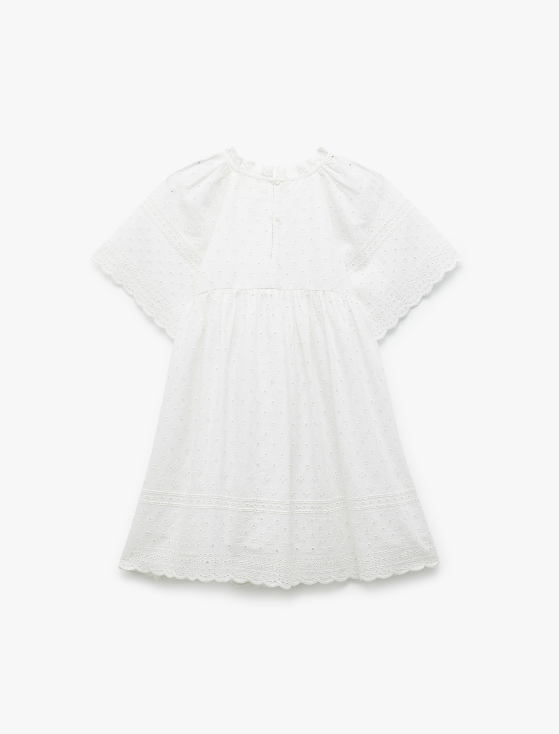 Kız Çocuk Bisiklet Yaka Kısa Kollu Fırfır Detaylı Brodeli Pamuklu Elbise