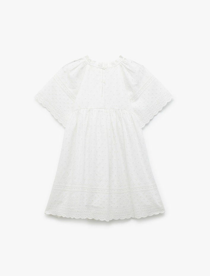 Kız Çocuk Bisiklet Yaka Kısa Kollu Fırfır Detaylı Brodeli Pamuklu Elbise