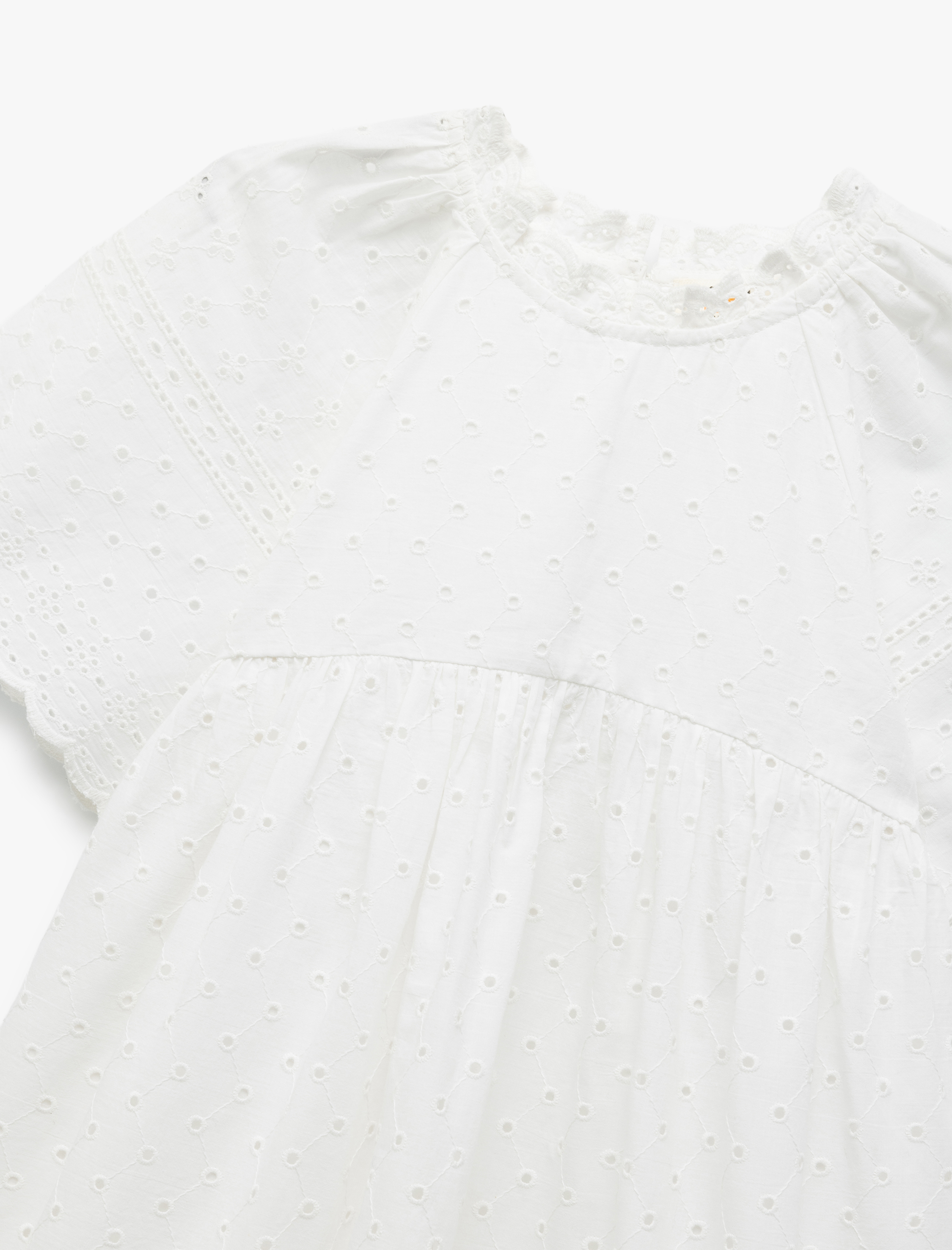 Kız Çocuk Bisiklet Yaka Kısa Kollu Fırfır Detaylı Brodeli Pamuklu Elbise