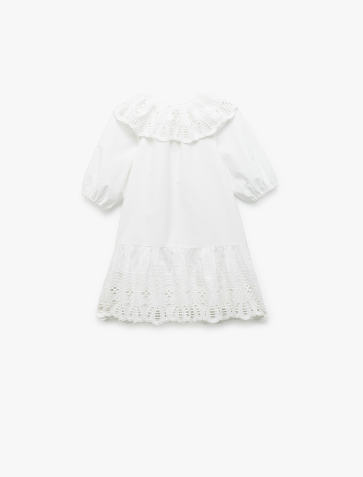 Kız Bebek Bebe Yaka Kısa Kollu Brode Detaylı Pamuklu Elbise