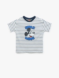 Kısa Kollu Bisiklet Yaka Pamuklu Çizgili Lisanslı Mickey Mouse Tişört
