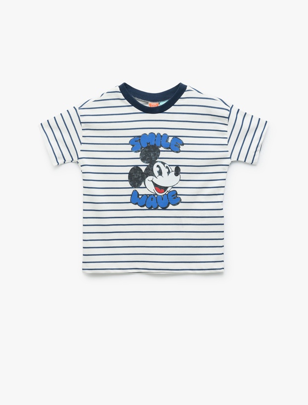 Kısa Kollu Bisiklet Yaka Pamuklu Çizgili Lisanslı Mickey Mouse Tişört_0