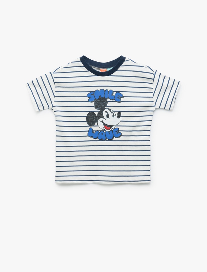 Erkek Bebek Kısa Kollu Bisiklet Yaka Pamuklu Çizgili Lisanslı Mickey Mouse Tişört